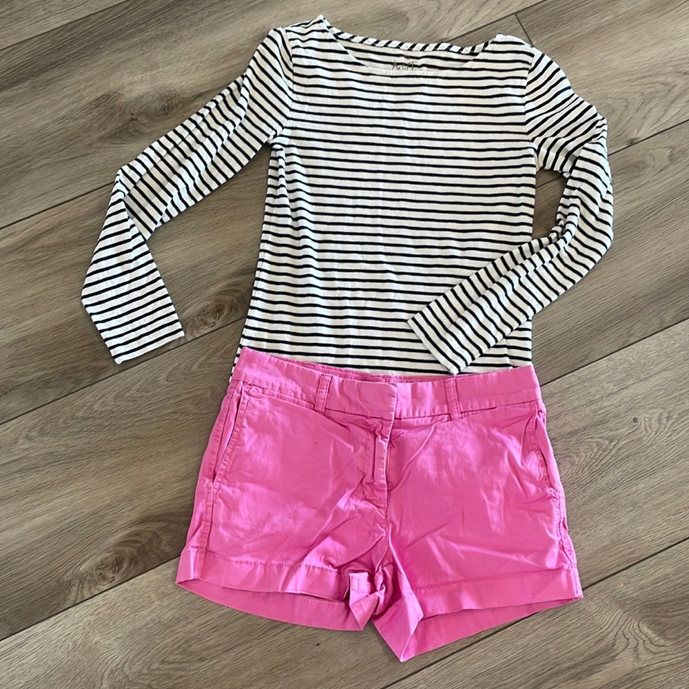 J CREW pink chino shorts and navy/white striped artist 3/4 sleeve top - 0/xxs